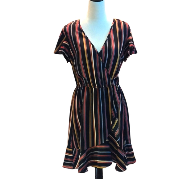 Xhilaration Womens M Striped V-Neck Pullover Wrap Dress Peplum Hi Lo Hemline - Picture 1 of 10